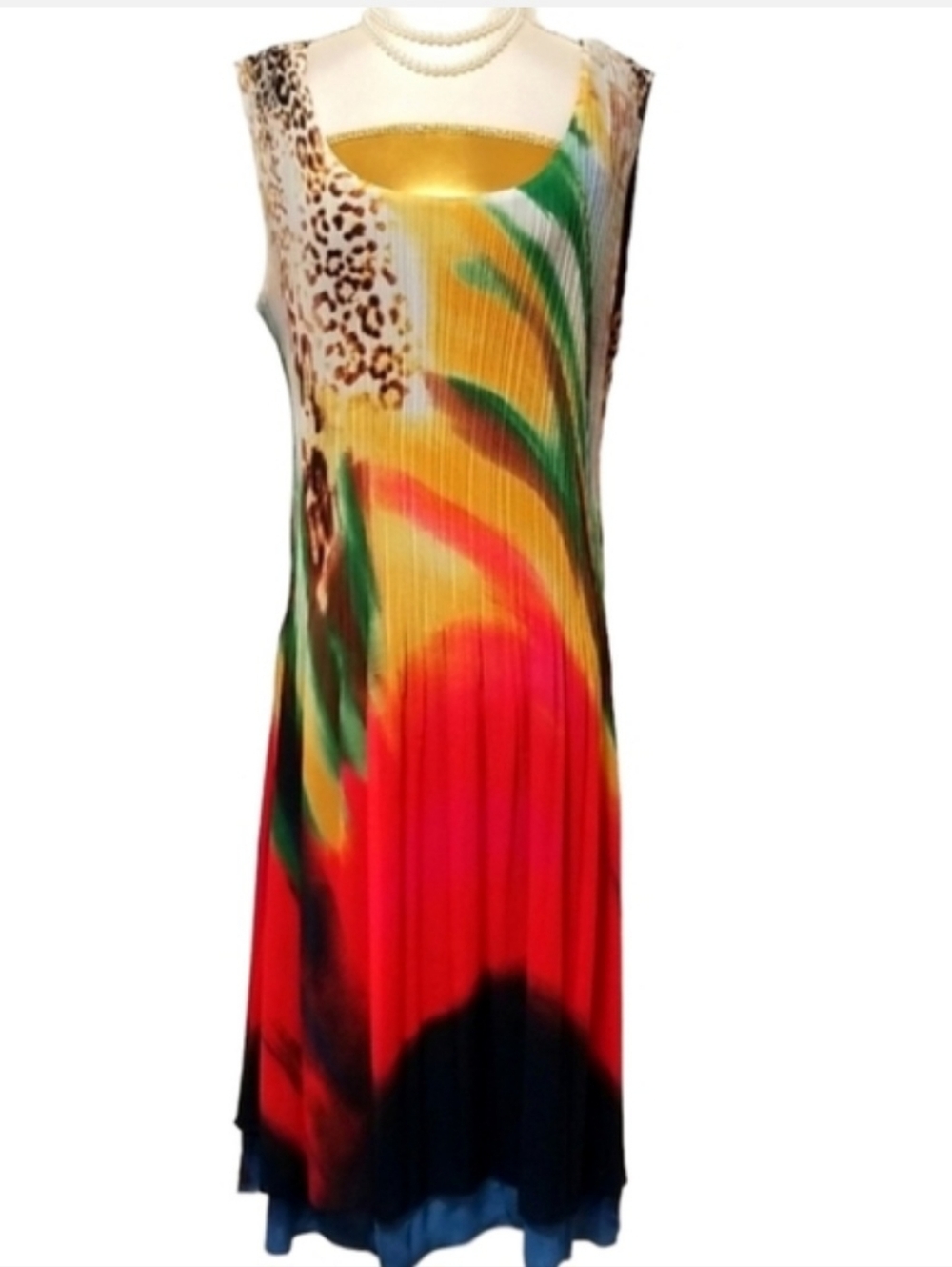 Caeliann Multicolored Abstract/Leopard Print Sleeveless Pleated Midi Dress